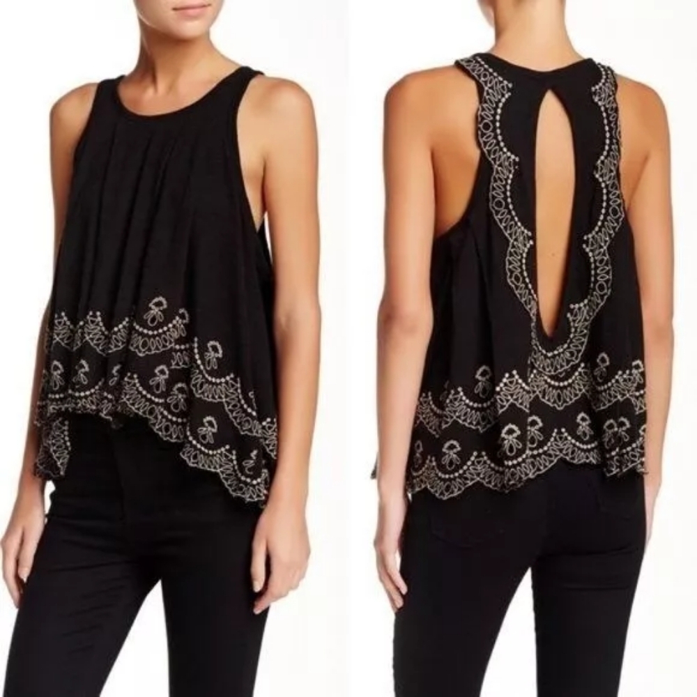 Free People Toosaloosa Slub Attina Tank in Black Flowy Eyelet Open Back XS